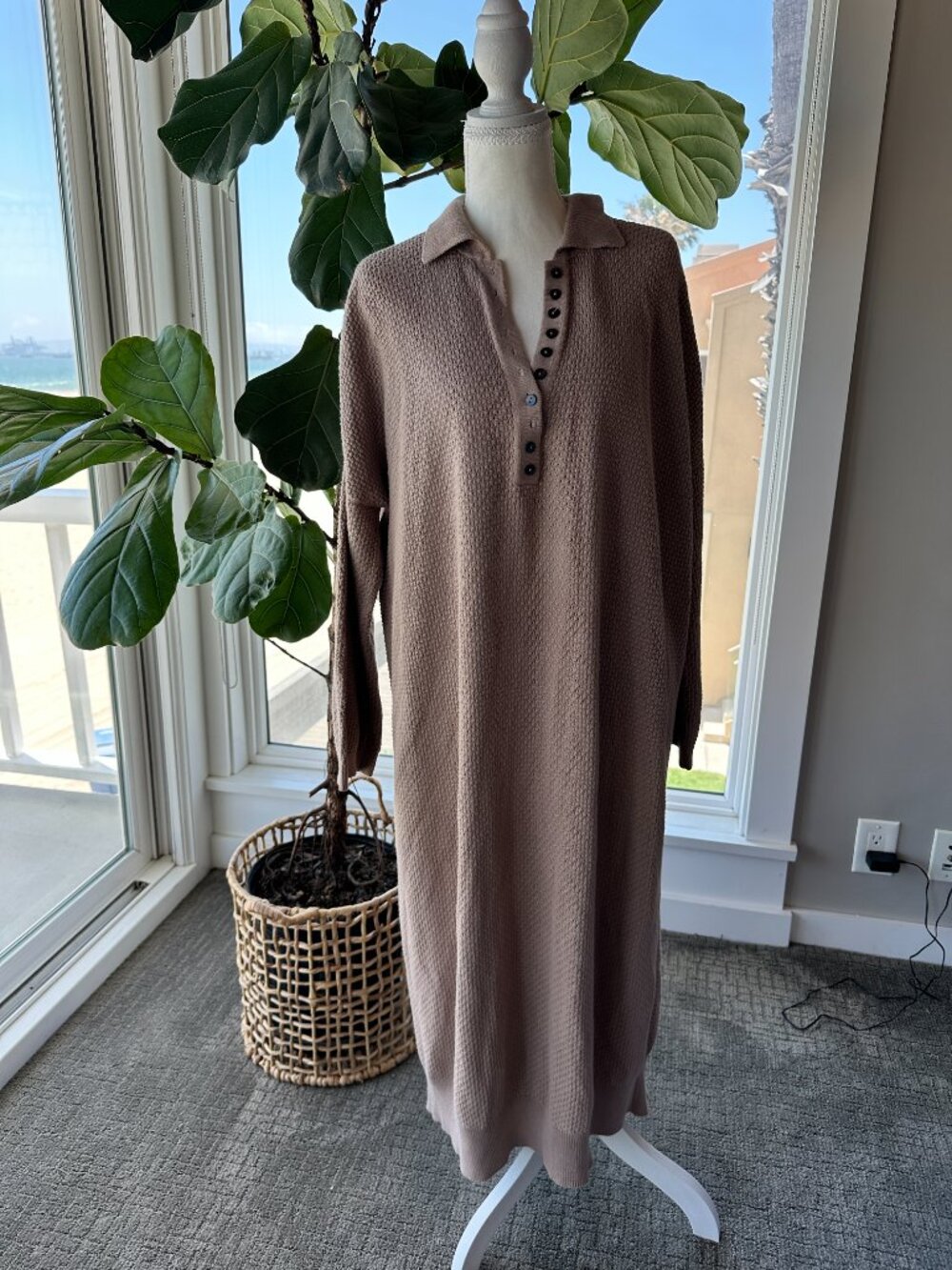 Mr. Mittens Maxi Polo Sweater Dress Waffle Knit Cotton Minimalist - XS/S